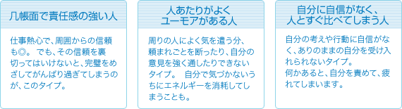 几帳面で責任感の強い人/人あたりがよくユーモアがある人/自分に自信がなく、人とすぐ比べてしまう人