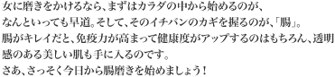 女に磨きをかけるなら、まずはカラダの中から始めるのが、なんといっても早道。そして、そのイチバンのカギを握るのが、「腸」。腸がキレイだと、免疫力が高まって健康度がアップするのはもちろん、透明感のある美しい肌も手に入るのです。さあ、さっそく今日から腸磨きを始めましょう！