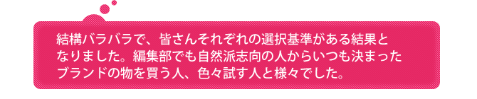 結構バラバラで、皆さんそれぞれの選択基準がある結果となりました。編集部でも自然派志向の人からいつも決まったブランドの物を買う人、色々試す人と様々でした。